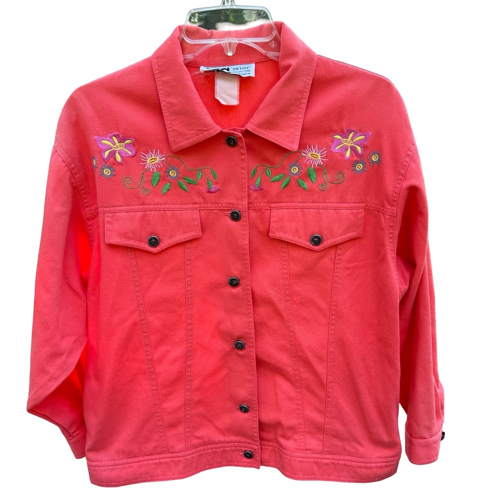 JG Petite Collection Joyce L Vintage Coral Pink Embroidered Floral Jacket USA